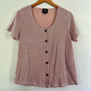 🦋 W5 Brown White Stripe Button Down Short Sleeve Blouse Medium